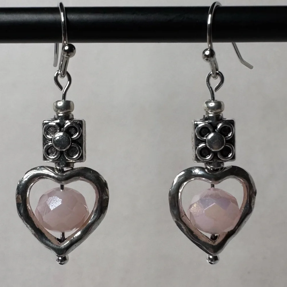 HAND CRAFTED Floral Heart Earrings 1 1/2” Silver Pink NWT